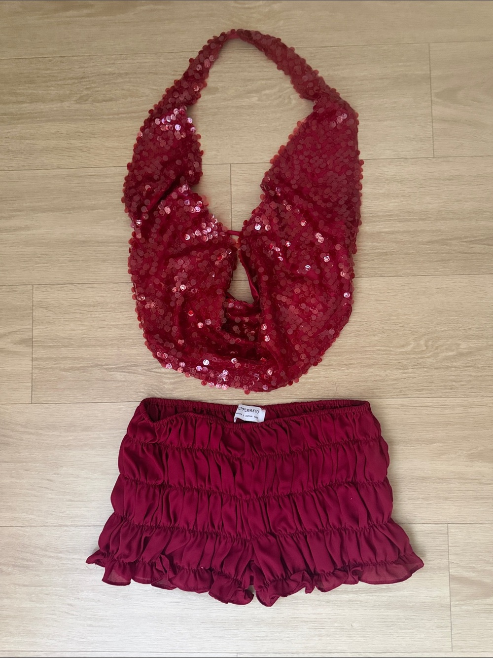 Red Sequin Halter Top + Red Scrunched Ruffle Mini Shorts Set - Night Out, Party